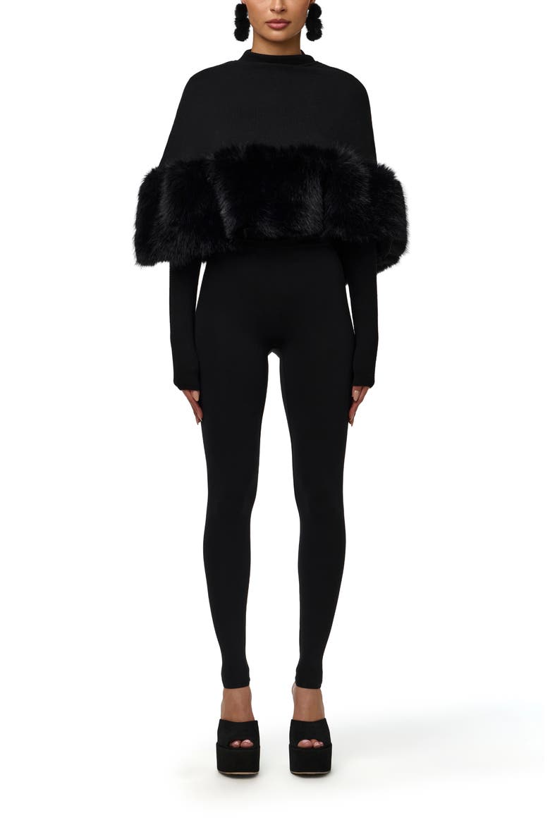 Faux Fur Trim Cape Crop Top, Alternate, color, BLACK