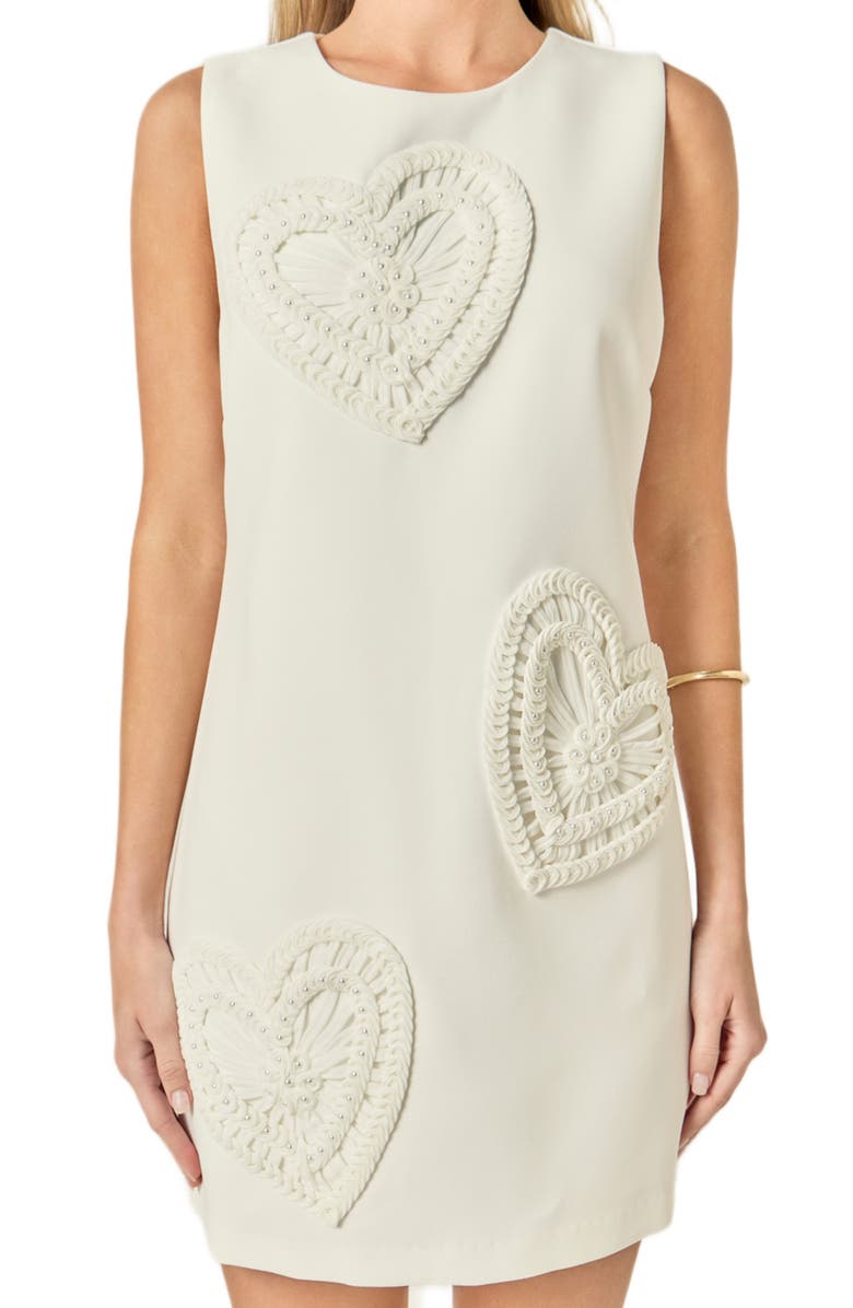 English Factory Faux Pearl Heart Appliqué Sleeveless Minidress, Alternate, color, White