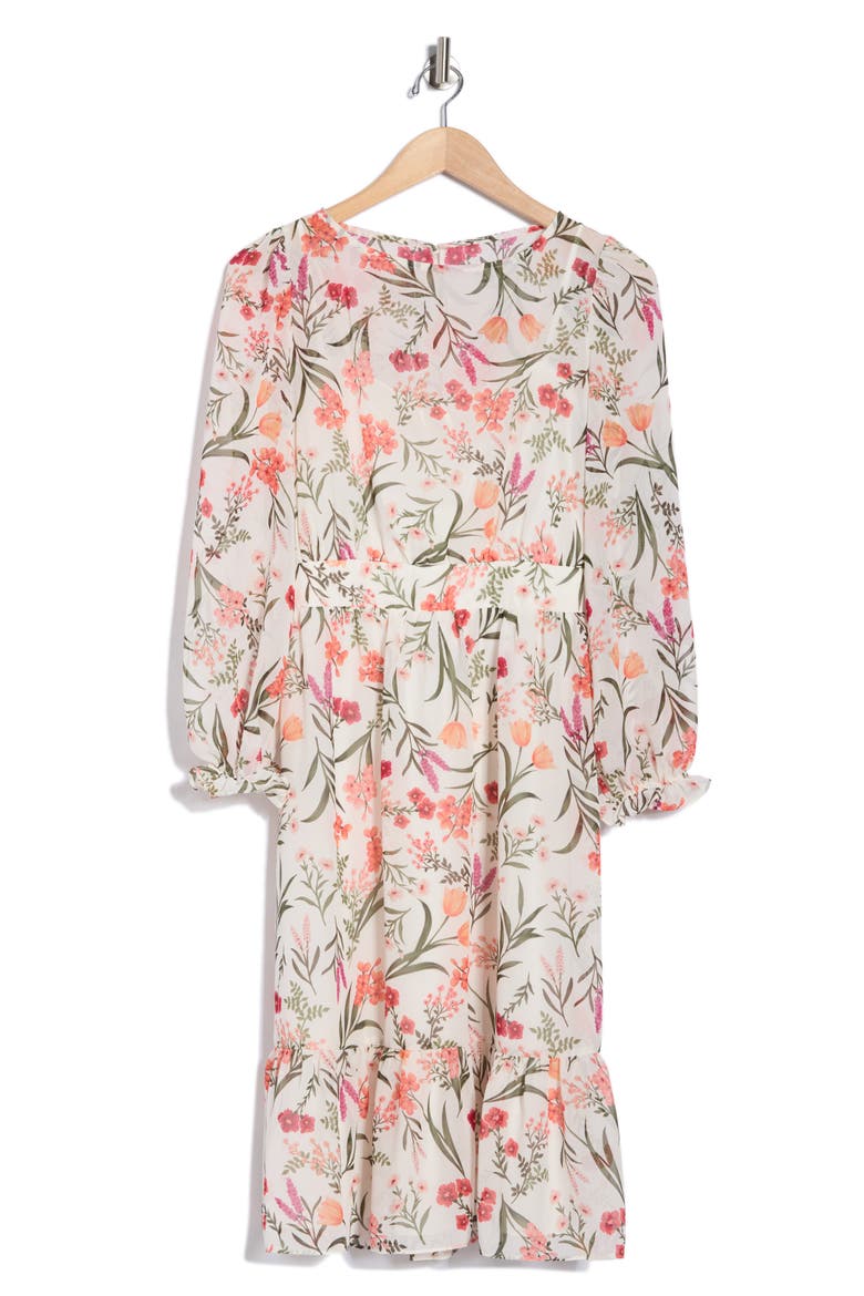 Floral Long Sleeve Midi Dress, Alternate, color, IVORY MULT