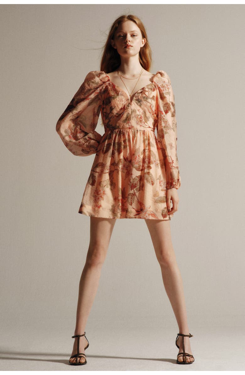 H&M Tie-detail Puff-sleeved Dress, Alternate, color, Peach Pink/Floral