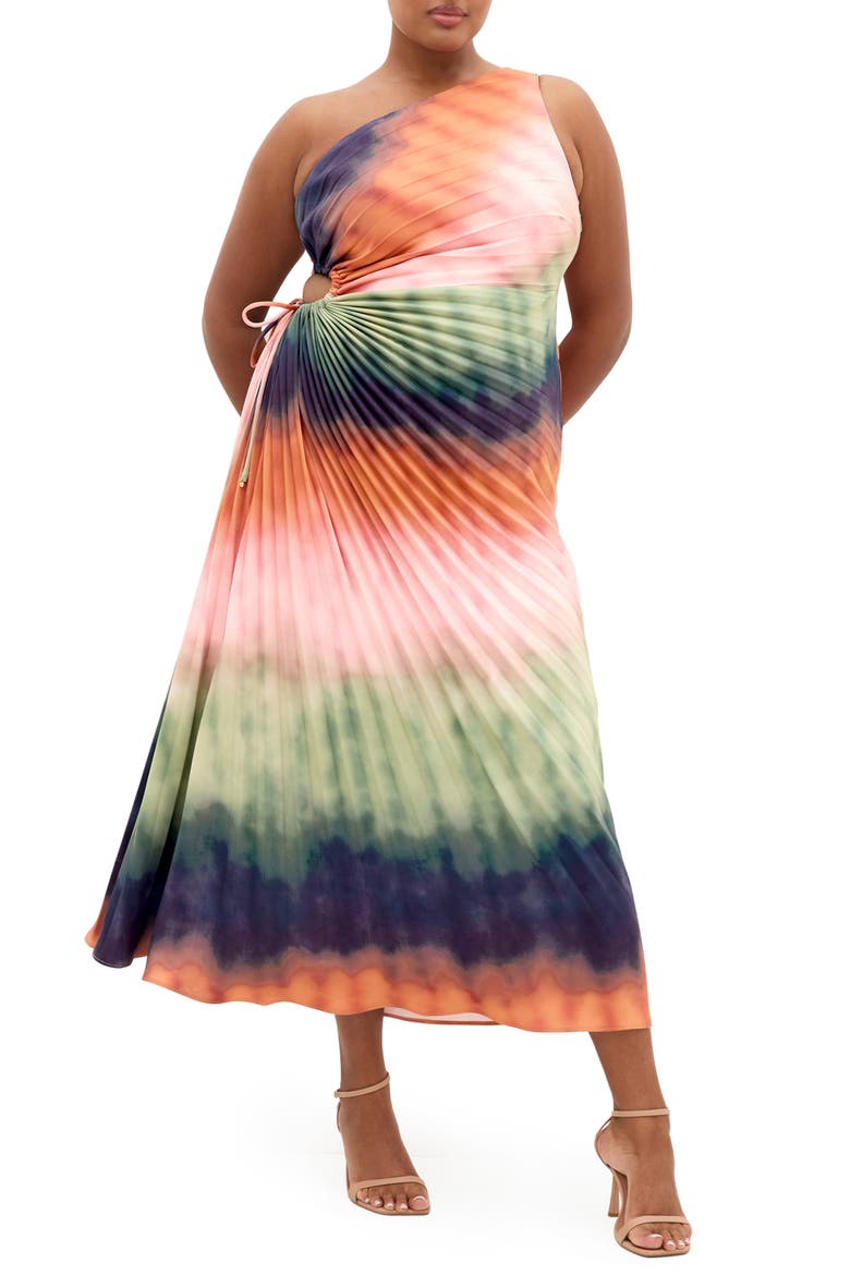 Aliza Print Cutout One-Shoulder Maxi Dress, Main, color, SUNSET OMBRE