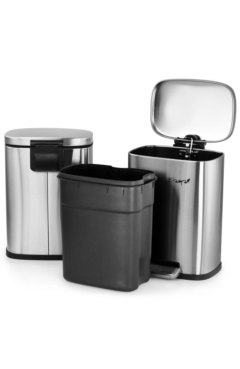 Elama 3 Piece 13 Gallon and 1.3 Gallon Stainless Steel Step Trash Bin Combo Set with Slow Close Mechanism, Alternate, color, Silver