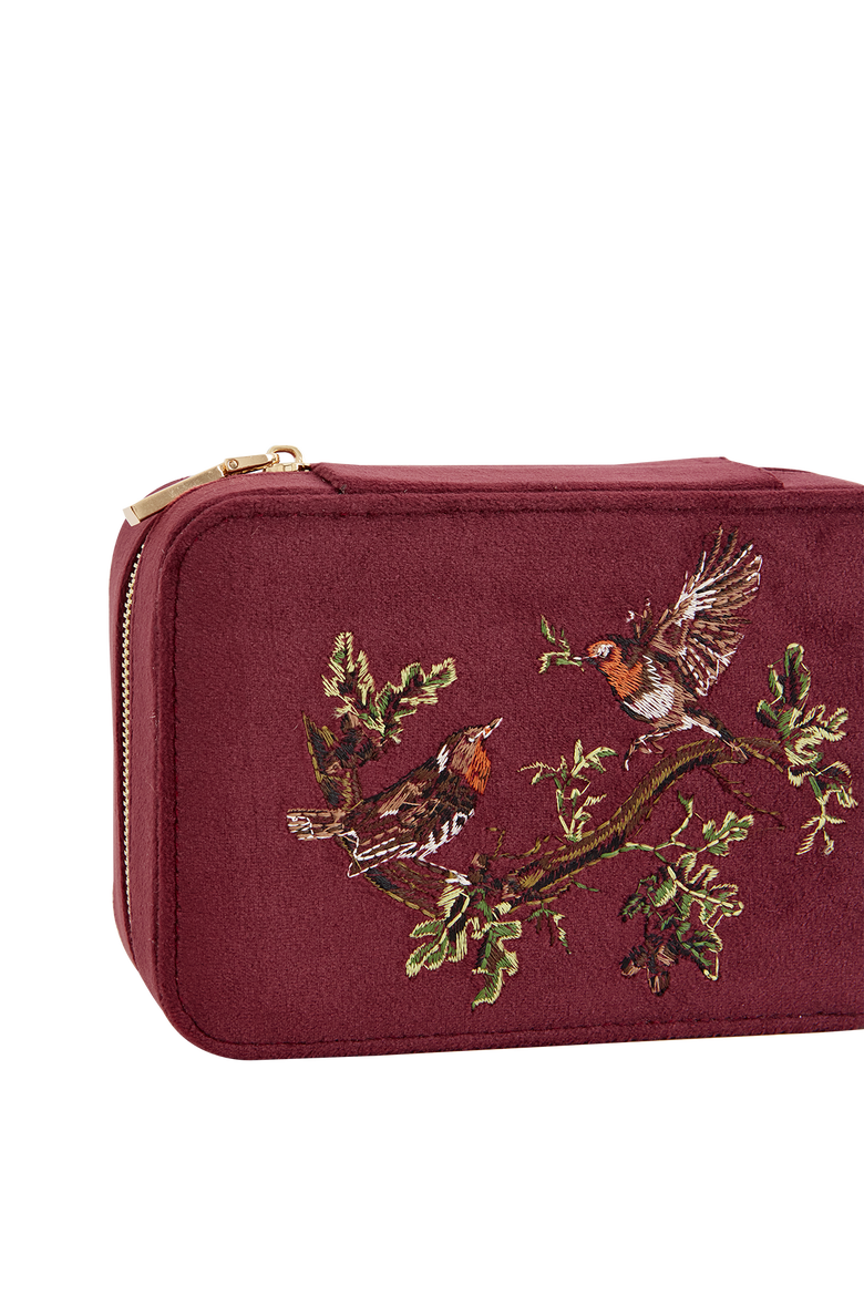 Robin Love Embroidered Large Velvet Jewellery Box, Alternate, color, Burgundy
