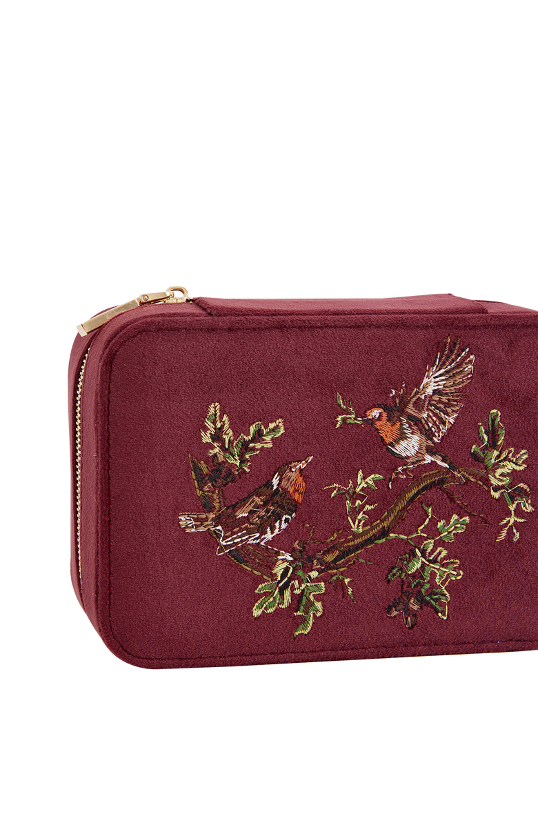 Fable England Robin Love Embroidered Large Velvet Jewellery Box, Alternate, color, Burgundy
