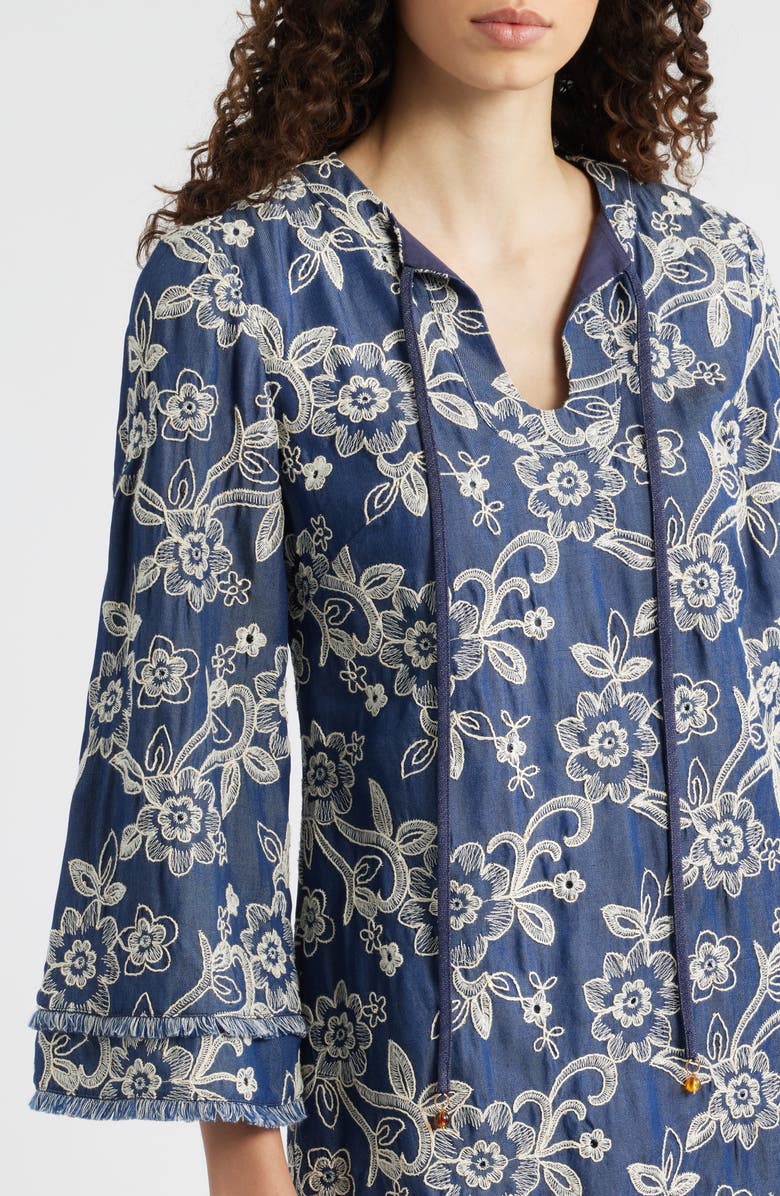 Eliza J Floral Embroidered Split Neck Shift Dress, Alternate, color, Denim