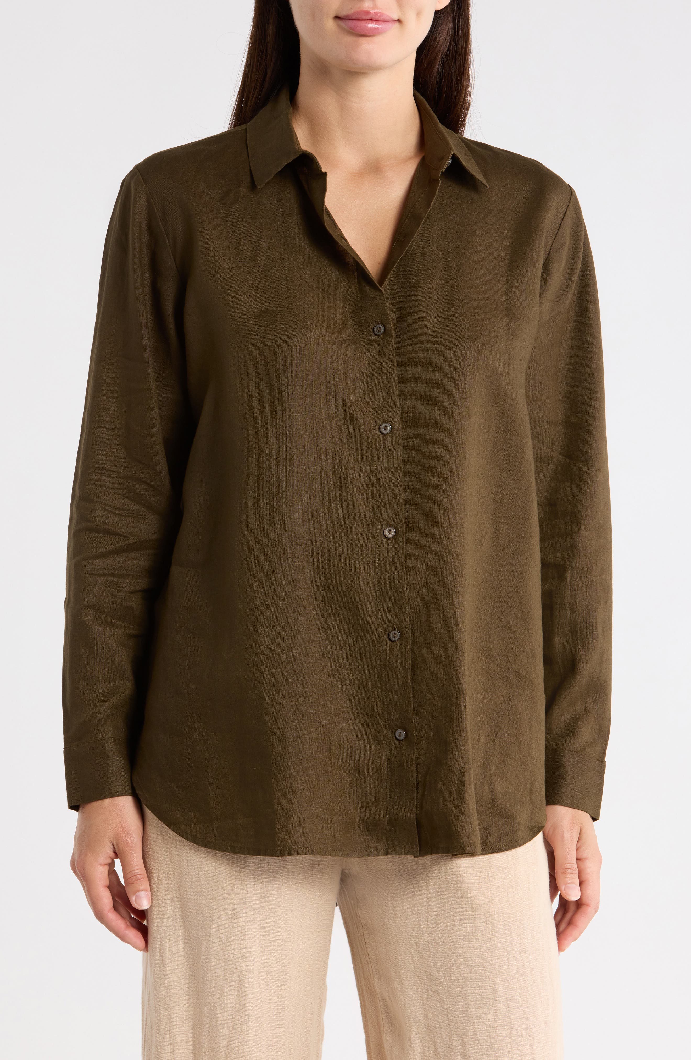 Eileen Fisher Classic Collar Organic Linen Long Button-Up Shirt
