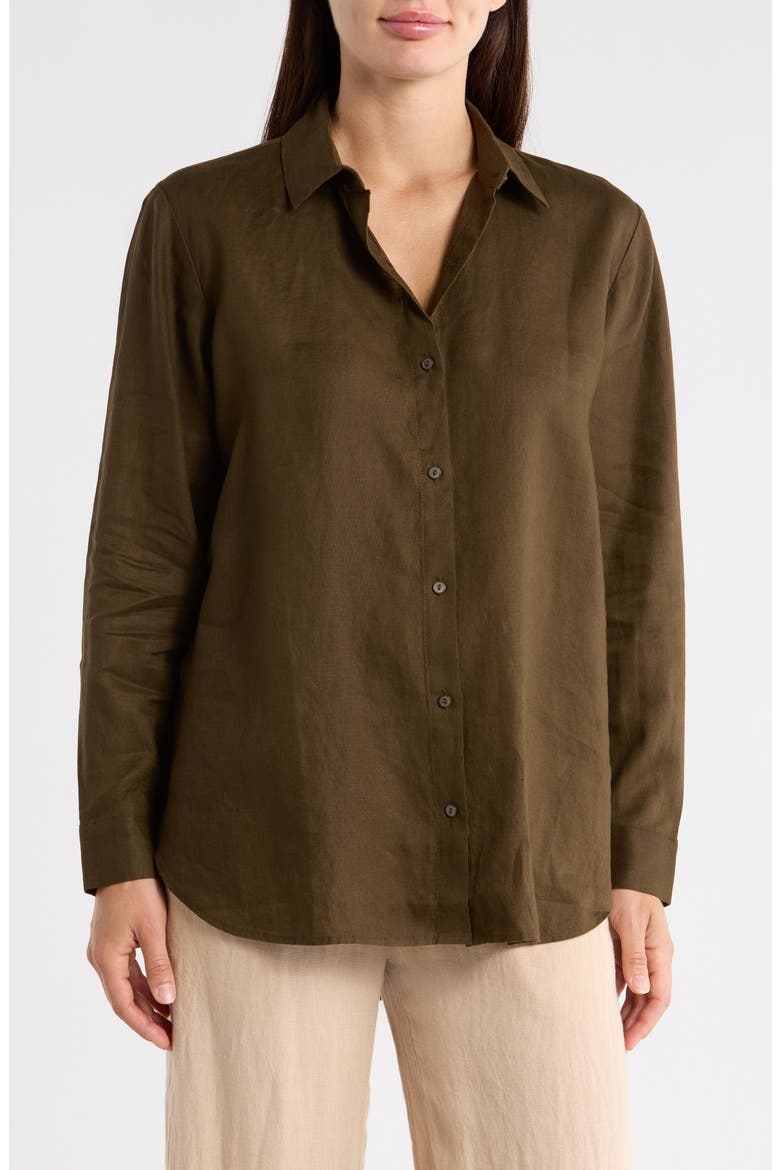 Classic Collar Organic Linen Long Button-Up Shirt, Main, color, BRANCH