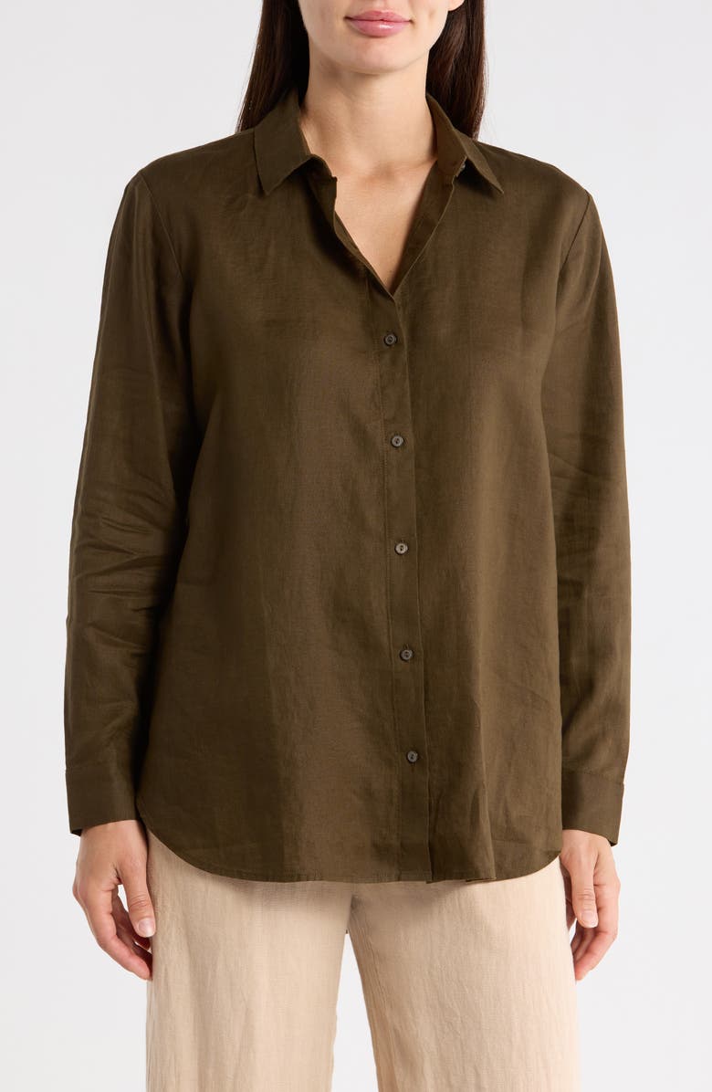 Eileen Fisher Classic Collar Organic Linen Long Button-Up Shirt, Main, color, Branch