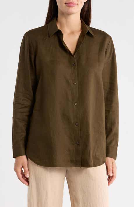 Eileen Fisher Classic Collar Organic Linen Long Button-Up Shirt