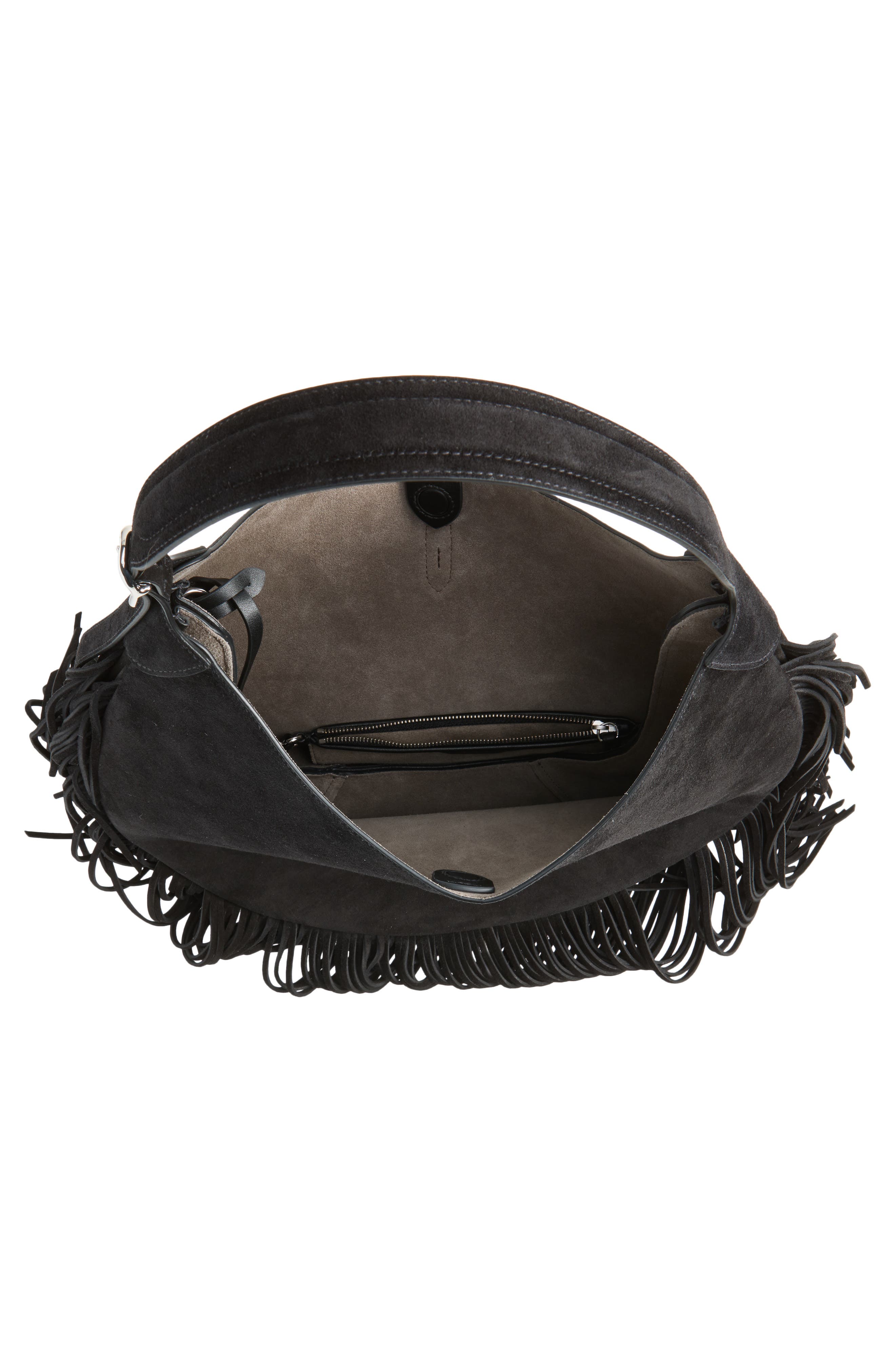 Polo ID Fringe Suede Shoulder Bag, Alternate, color, BLACK