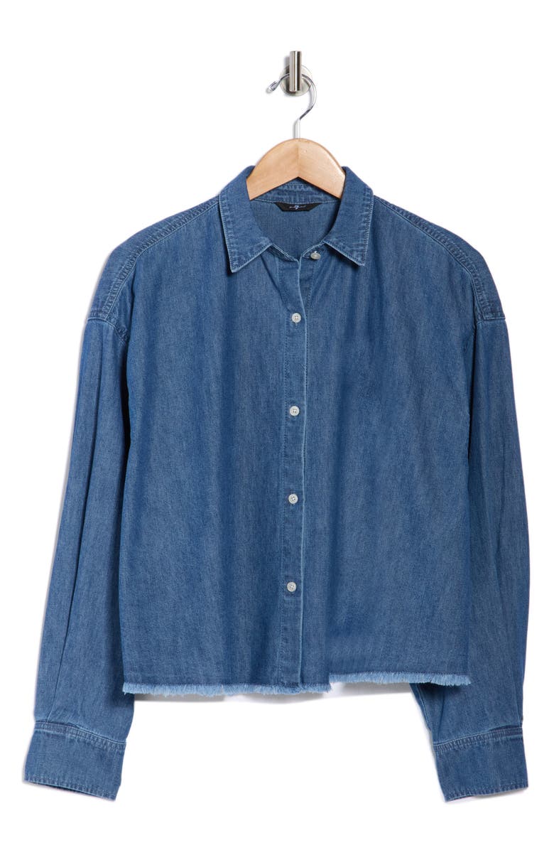 7 For All Mankind Long Sleeve Crop Chambray Button-Up Shirt, Main, color, Chambray Mid Bl