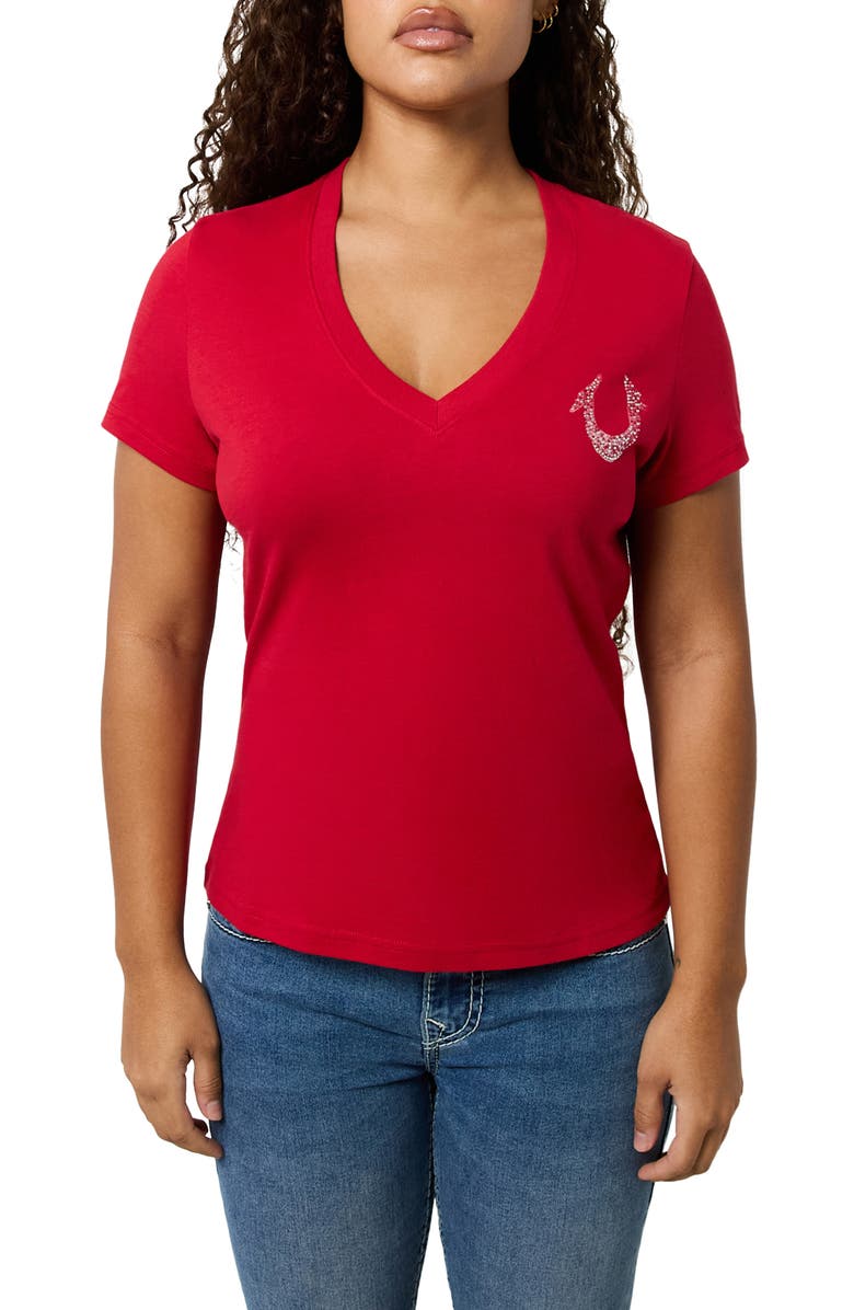 True Religion Horseshoe Embellished V-Neck Cotton Graphic T-Shirt, Main, color, 