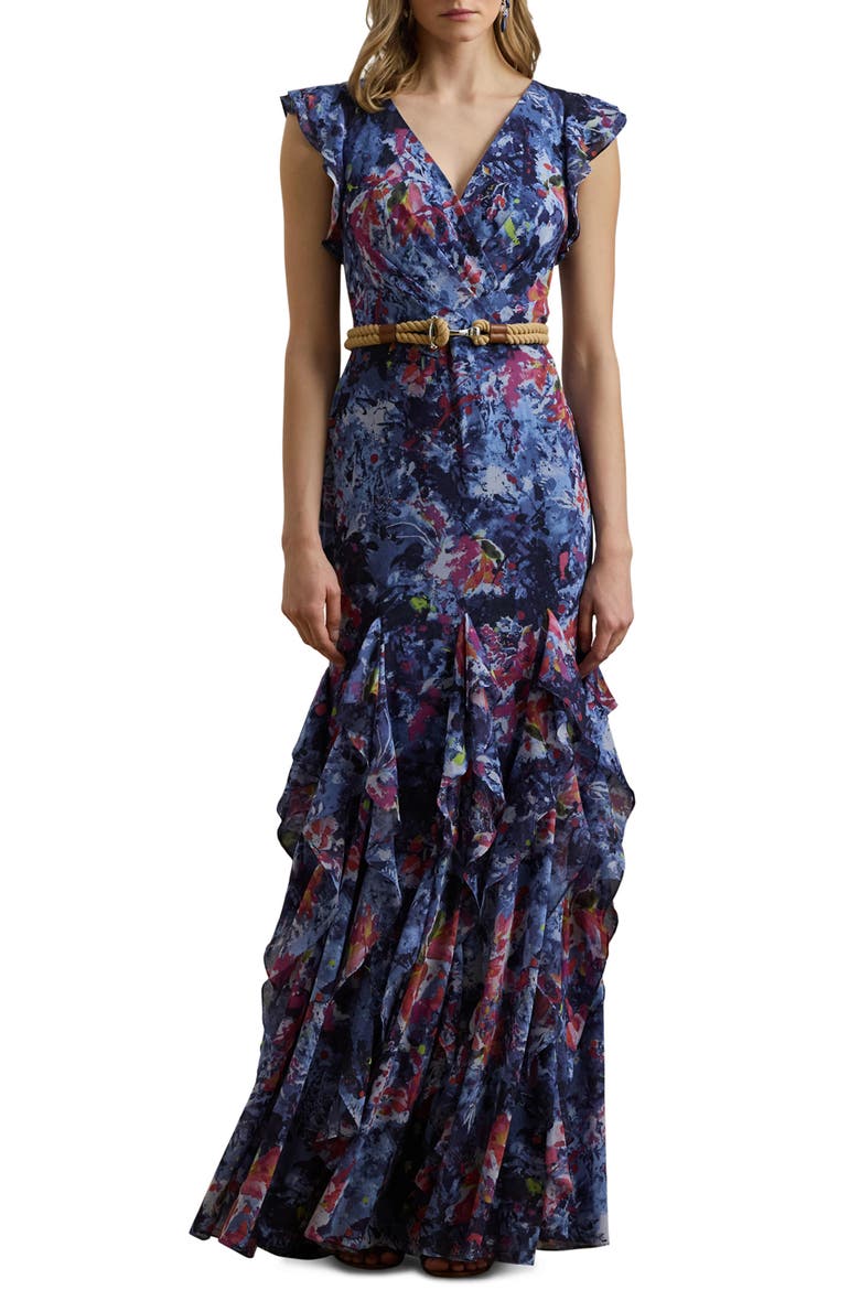 Abstract Floral Ruffle Detail Crinkle Georgette Gown, Main, color, BLUE MULTI