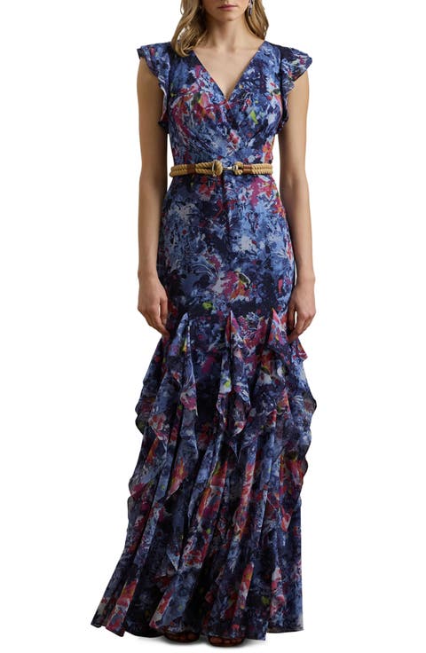 Abstract Floral Ruffle Detail Crinkle Georgette Gown