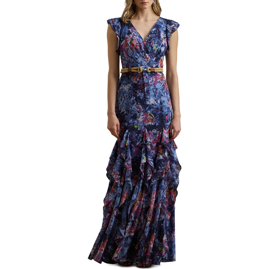 Lauren Ralph Lauren Abstract Floral Ruffle Detail Crinkle Georgette Gown in Blue Multi  product