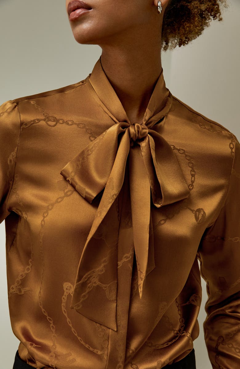 Lilysilk Jacquard-wave Silk Blouse with Bow for Women, Alternate, color, Caramel