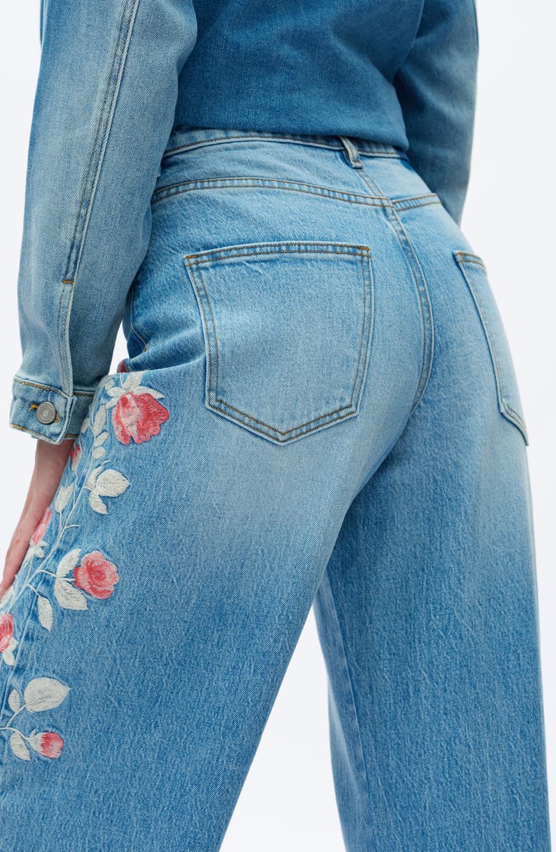 Bayeas Floral Embroidered High Waist Barrel Leg Jeans, Alternate, color, Light Blue
