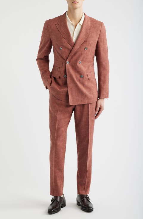 Heston Slim Fit Brown Slub Wool Blend Peak Lapel Double Breasted Suit