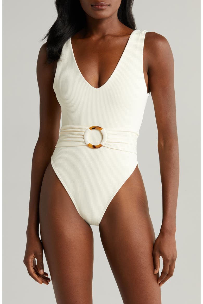 Kim Belted Rib One-Piece Swimsuit, Main, color, CREAM RIB