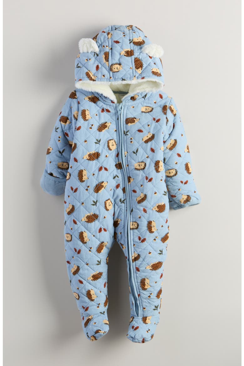 Ear Appliqué Quilted Faux Fur Lined Hooded Bunting, Main, color, BLUE FOG AUTUMN HEDGEHOGS