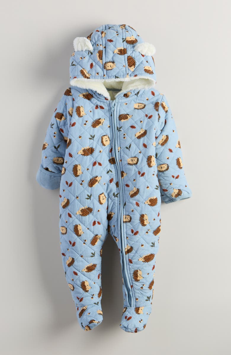 Nordstrom Ear Appliqué Quilted Faux Fur Lined Hooded Bunting, Main, color, Blue Fog Autumn Hedgehogs