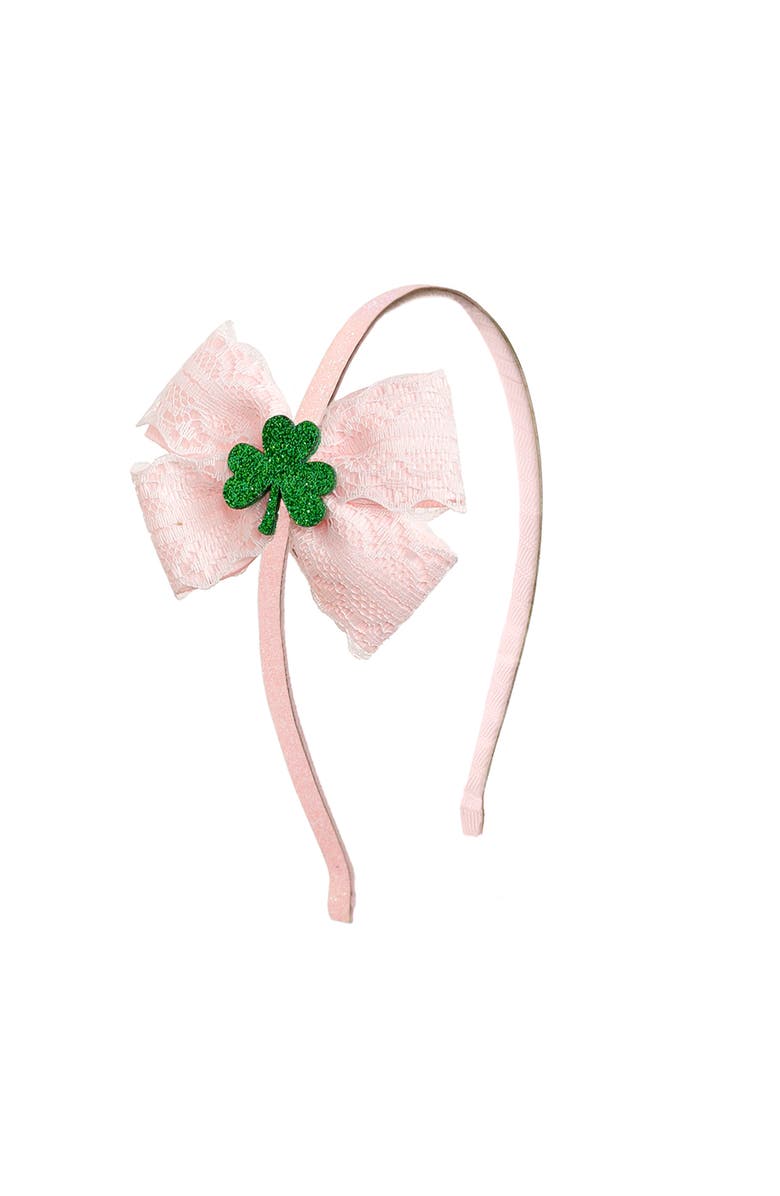 Sweet Wink Shamrock Lace St. Patrick
s Day Bow Headband, Main, color, Pink