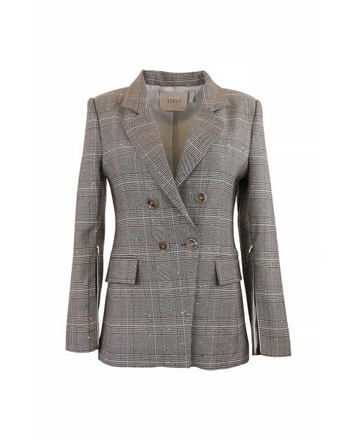 Theo The Label Eudora Split Sleeve Sequined Prince Of Wales Jacket In Gray