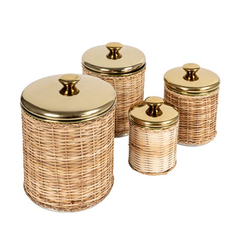 Rattan Wrapped Stainless Steel Canisters, Set of 4, Brass Finish