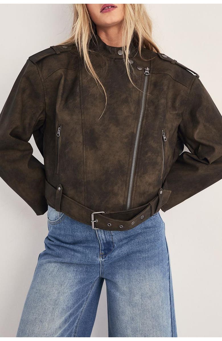 NASTY GAL Cropped Biker Jacket, Alternate, color, Olive