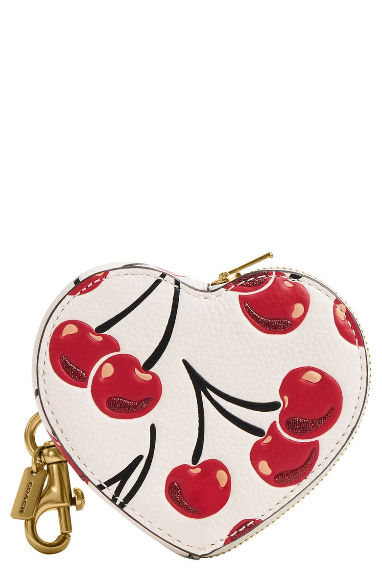 COACH Cherry Print Leather Boxed Heart Coin Purse, Main, color,