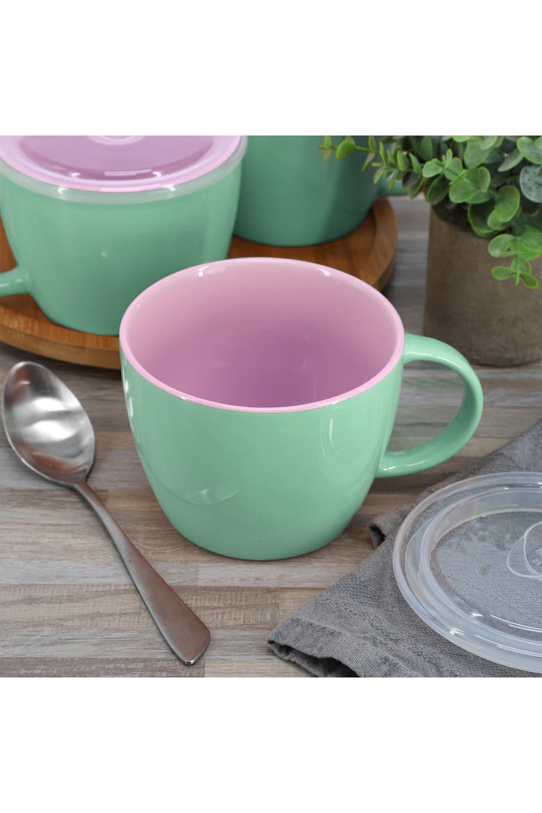 On The Go 4 Piece 25 Ounce Stoneware Soup Cup Set with Lid, Alternate, color, Green