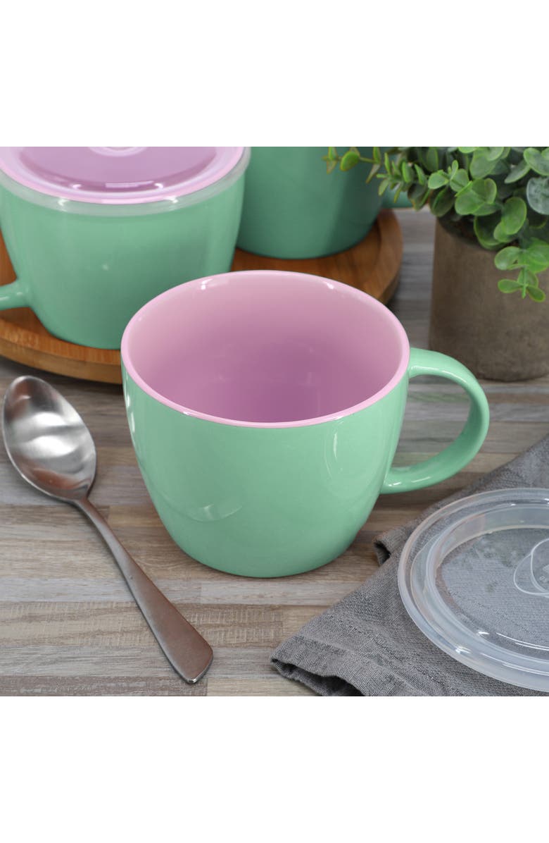 Gibson Home On The Go 4 Piece 25 Ounce Stoneware Soup Cup Set with Lid, Alternate, color, Green