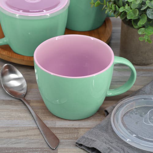 Gibson Home On The Go 4 Piece 25 Ounce Stoneware Soup Cup Set With Lid In Green