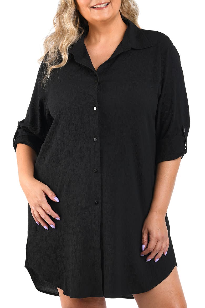 Crinkle Crepe Swim Cover-Up Camp Shirt, Main, color, BLACK