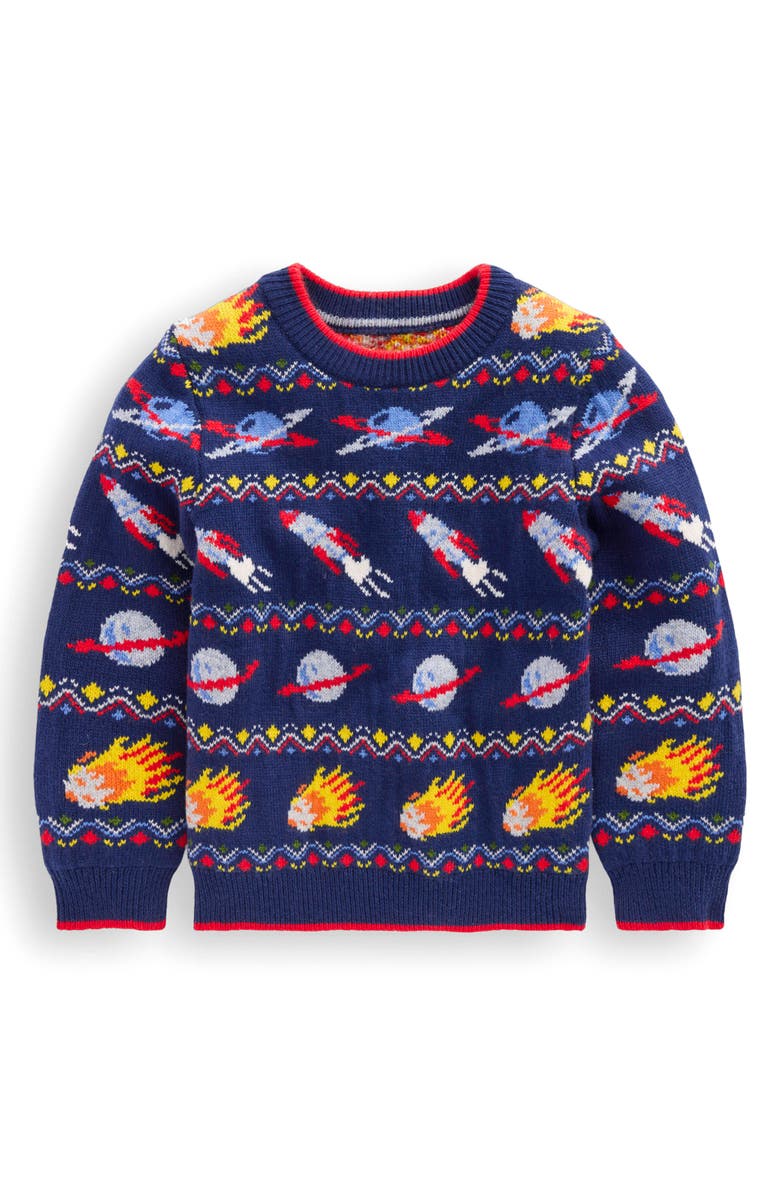 Mini Boden Kids' Outer Space Fair Isle Crewneck Sweater, Main, color, Medieval Blue Space