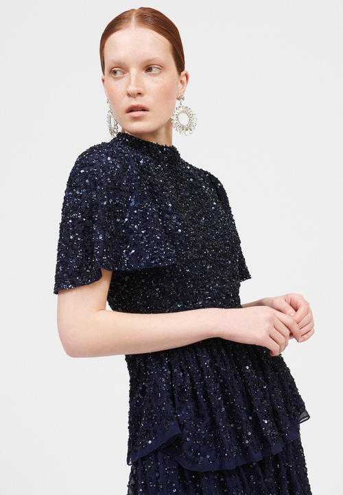 Beauut Embellished Sequin Beaded Midi Dress In Mid Night Blue
