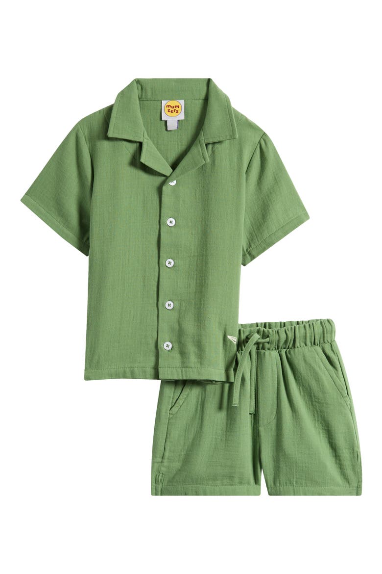 Kids' Green Cotton Muslin Camp Shirt & Drawstring Shorts Set, Main, color, GREEN