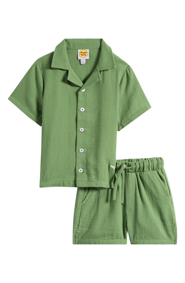 MUMZERS Kids' Green Cotton Muslin Camp Shirt & Drawstring Shorts Set, Main, color, Green
