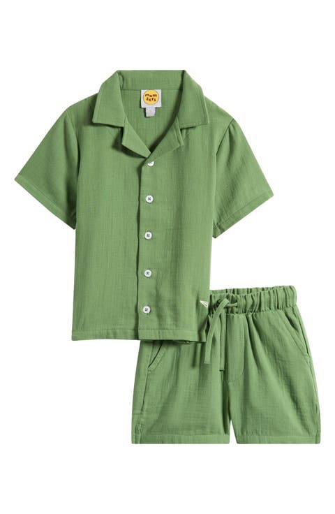 Kids' Green Cotton Muslin Camp Shirt & Drawstring Shorts Set (Toddler)