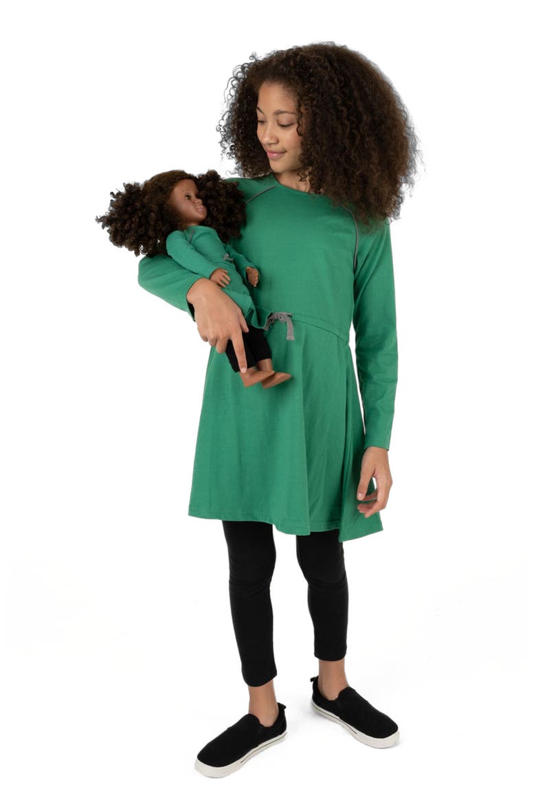 Girls Bow Tie Dress with Matching Doll Dress, Alternate, color, GREEN