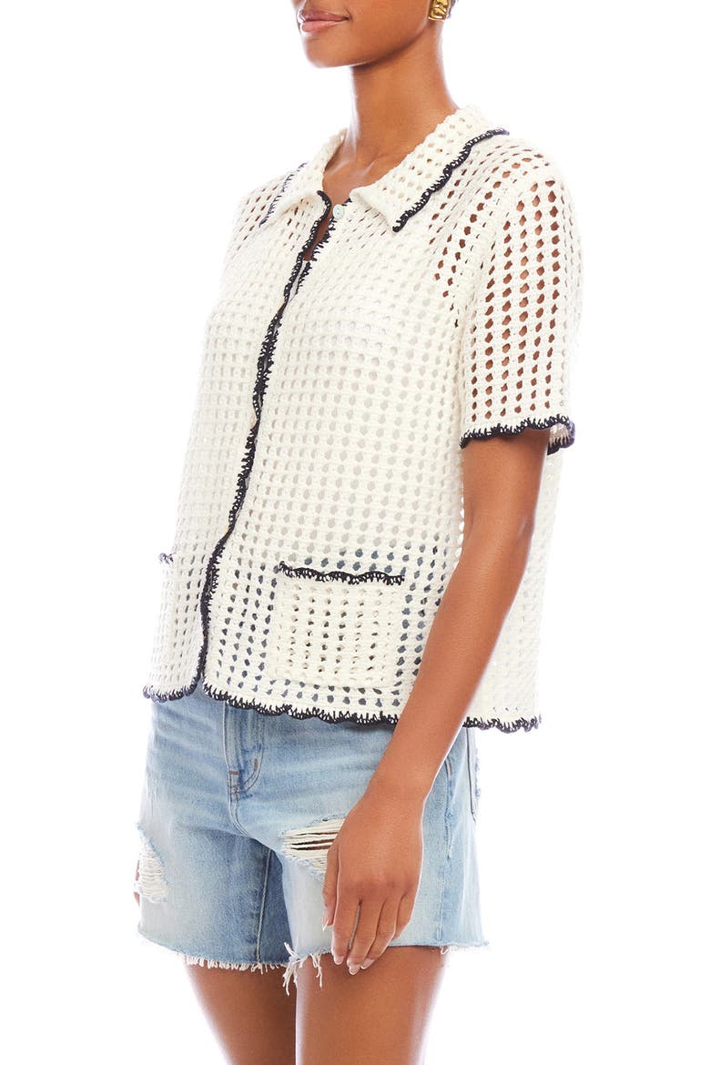 Gemma Open Knit Button-Up Shirt, Alternate, color, OFF WHITE / NAVY