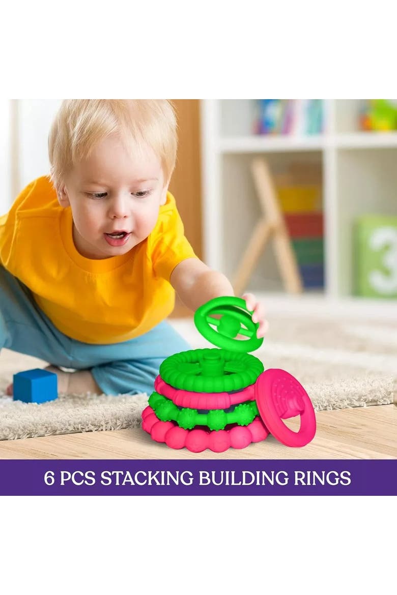 Silicone Stacking Toy Teethers Interactive 6 Piece Set, Alternate, color, Green & Pink