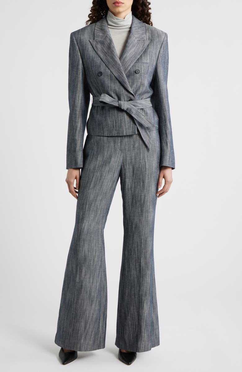 BOSS Jelsia Belted Sharkskin Twill Double Breasted Crop Blazer, Alternate, color, Charcoal Sharkskin