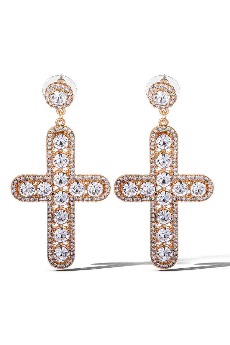 Crystal Cross Drop Earrings, Main, color, Gold