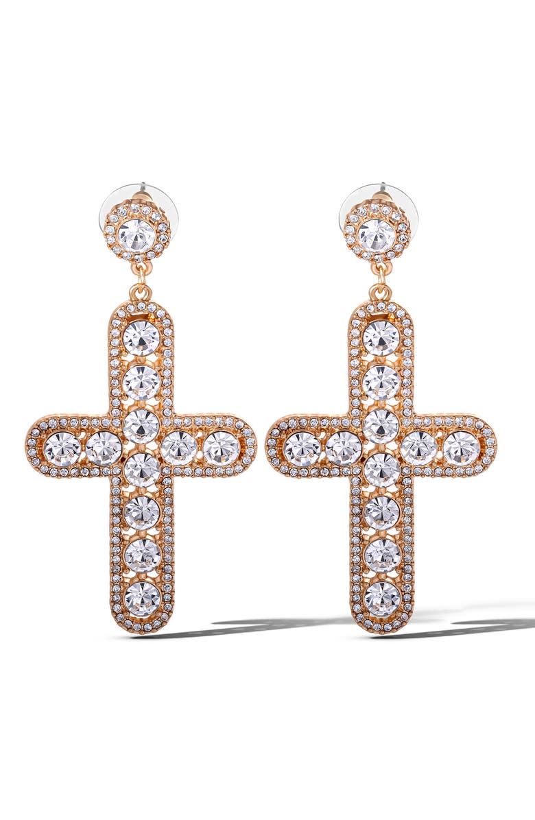 Jessica Simpson Crystal Cross Drop Earrings, Main, color, Gold