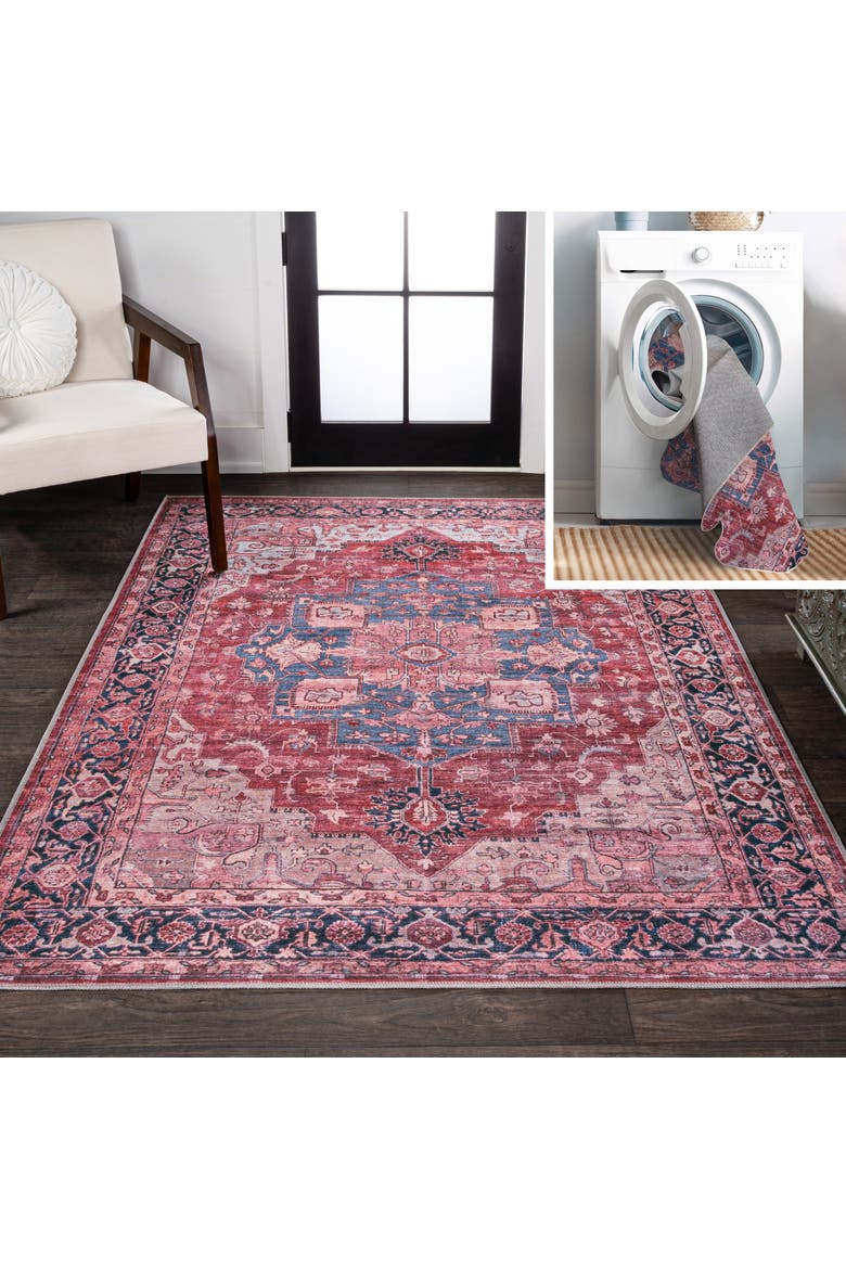 Maris Ornate Medallion Machine-Washable Area Rug, Main, color, Red/Black/Blue