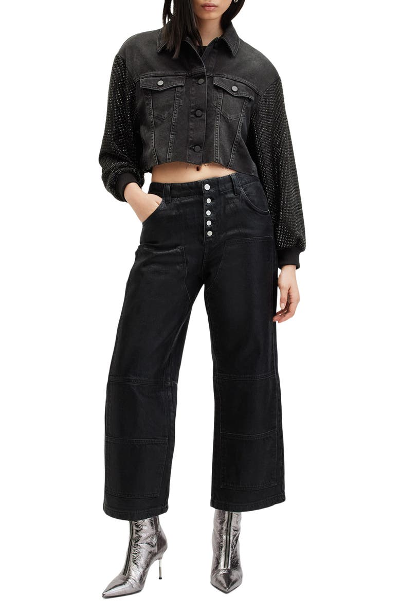 AllSaints Anders Beaded Sleeve Detail Denim Trucker Jacket, Alternate, color, 