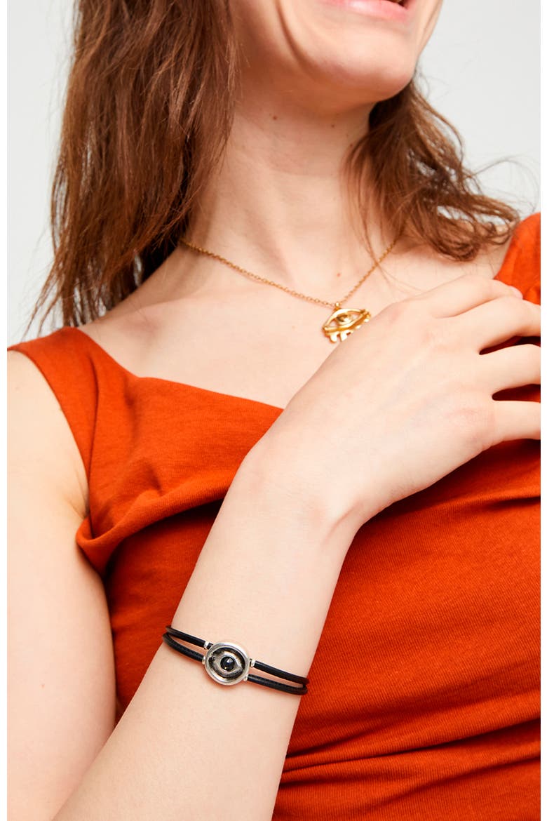 Black Double Leather Bracelet with Silver-Plated Eye Detail and Crystal, Alternate, color, Silver
