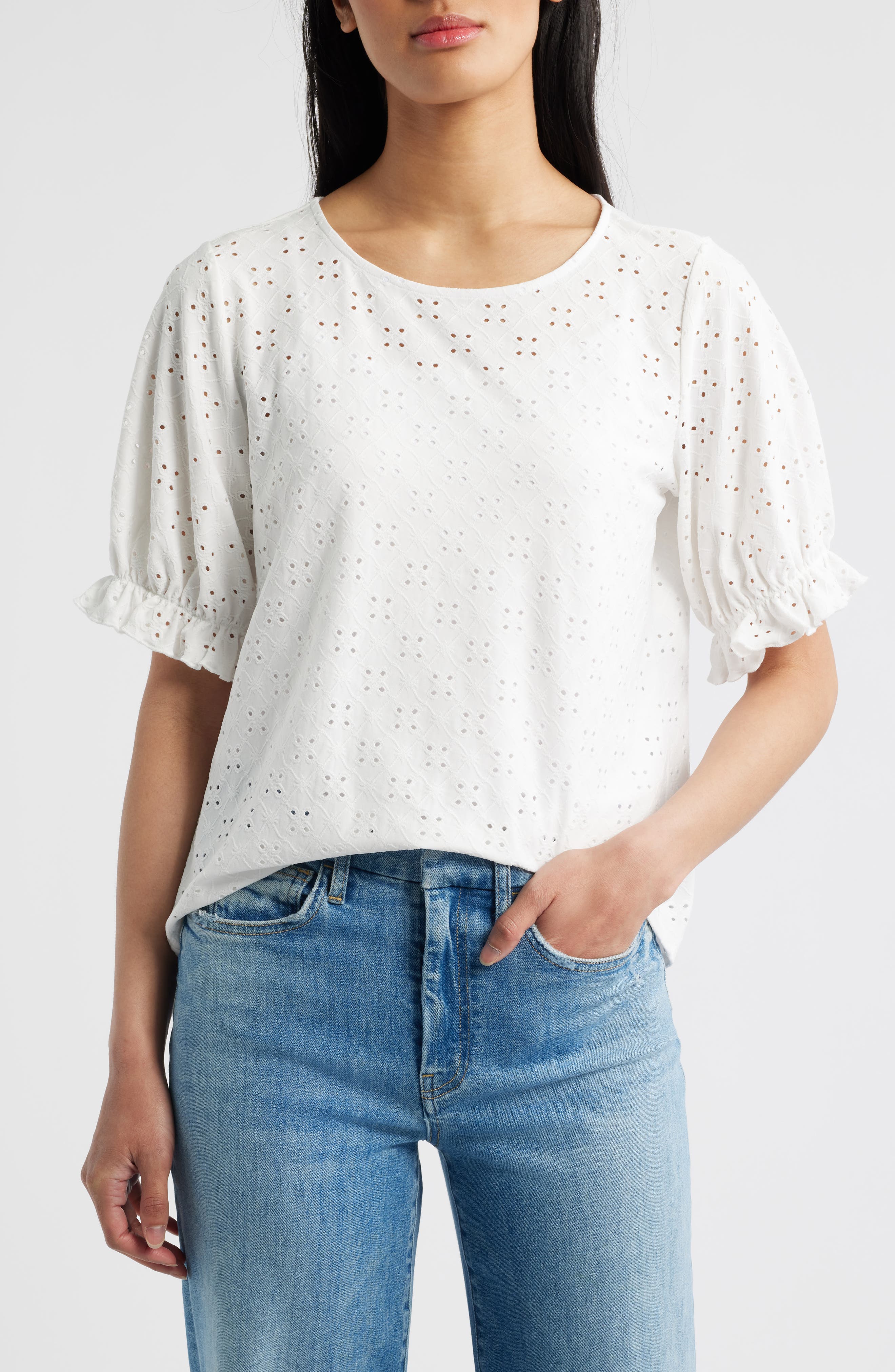 Bobeau Elbow Sleeve Eyelet Top