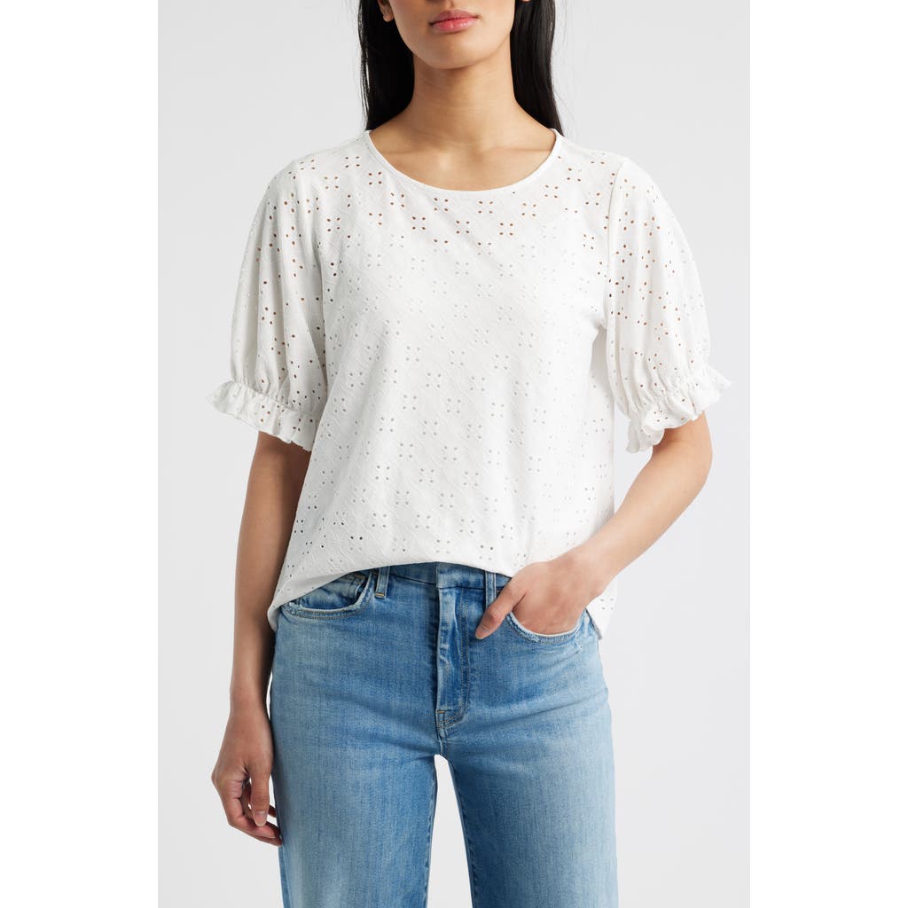Bobeau Elbow Sleeve Eyelet Top in White  product